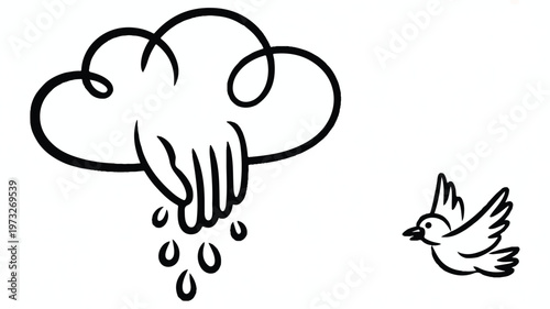 A minimalist line drawing depicts a hand emerging from a cloud to release raindrops near a flying bird.