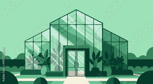 Greenhouse with glass walls and door.