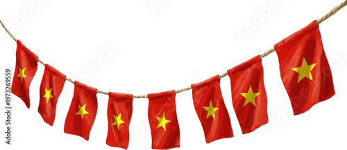 Hanging U-shaped garland of Vietnam flags on a rustic rope