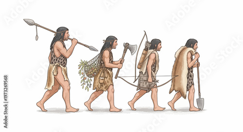 Cavemen walking in a line formation.