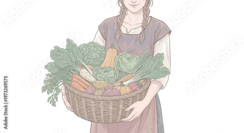 Woman holding basket of fresh vegetables.