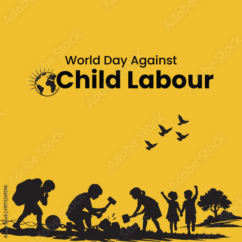 World Day Against Child Labour poster, silhouette of working children on yellow background, global human rights awareness vector illustration