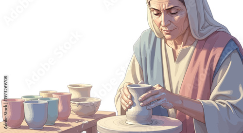 Man working on pottery wheel clay.