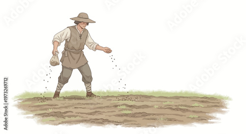 Man scattering seeds on the ground.