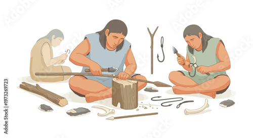 Ancient people making stone tools.