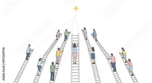 People on multiple ladders reaching high.