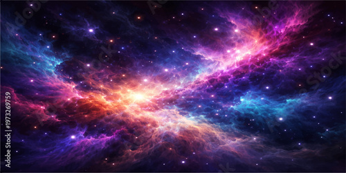 A deep black night sky reveals an abstract galaxy background where bright stars and a blue nebula glow within the dark outer cosmos of this fantasy astronomy illustration