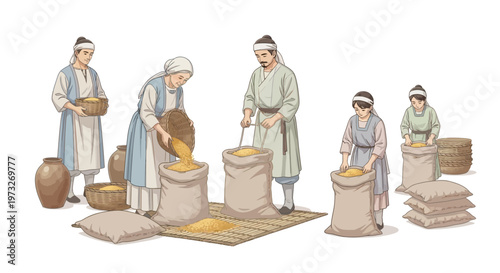 People working with grain sacks industrially.