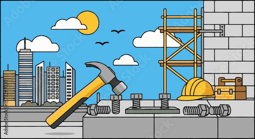 Hammer on construction site table surface.