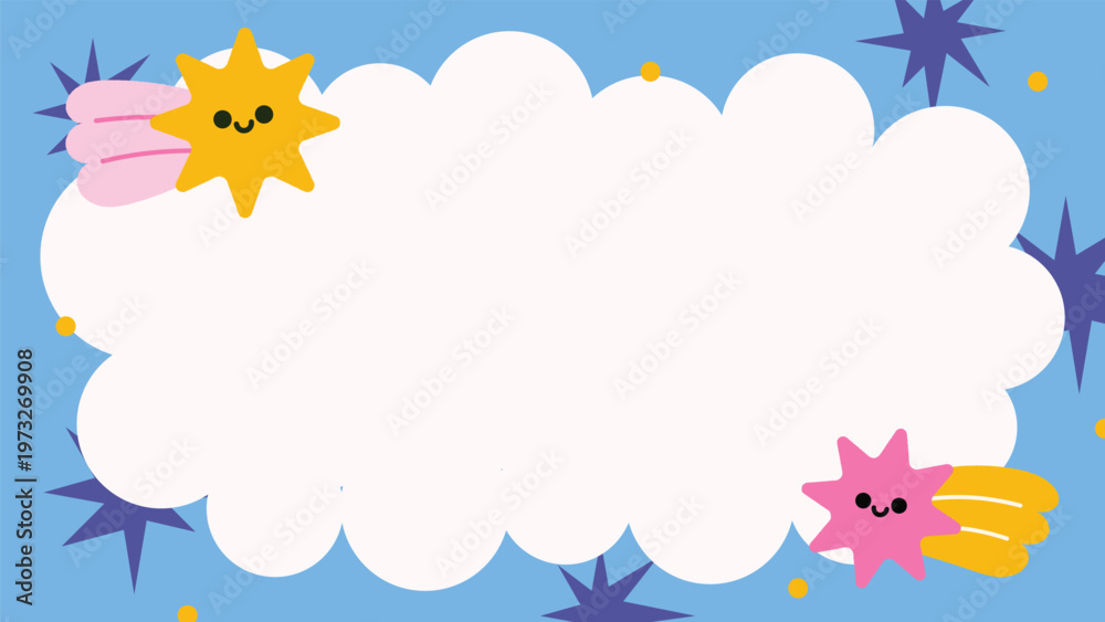 Naklejka premium Cute cloud shaped frame with playful decorative elements on a soft sky background creating a cheerful kids layout. Ideal for nursery posters, invitations, and learning materials.