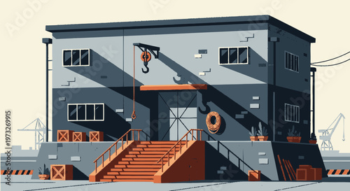 Industrial Building with Orange Stairs.