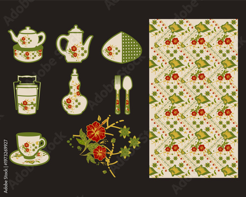 ollection, set, bundle, traditional, malaysian, kitchenware, heritage, culture, batik, floral pattern, tiffin carrier, labu sayong, kendi, food cover, coffee cup, water jug, vintage, asia, handicraft,