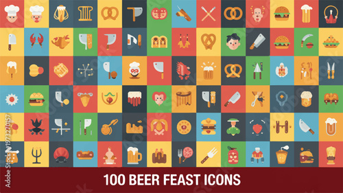 A collection of 100 flat design icons featuring various festive beer feast elements and symbols arranged in a grid pattern on a surface