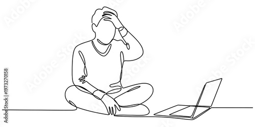 A single continuous line drawing of a person feeling stressed while sitting in front of a laptop