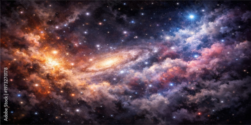 An abstract infinity of deep blue and black outer space featuring a bright supernova nebula and distant galaxy stars across the dark cosmic sky