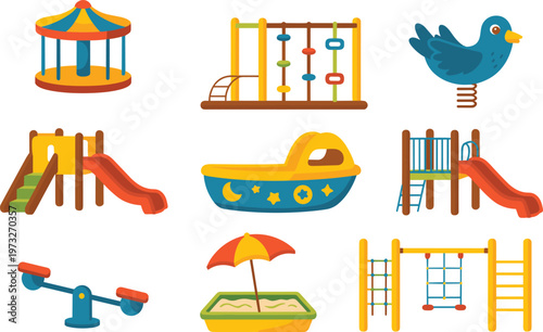 Cartoon playground equipment in colorful vector illustration of slides, carousel, seesaw, sandbox, and climbing structures
