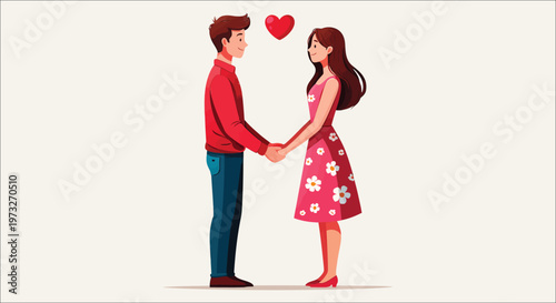 Romantic couple holding hands with a heart above them symbolizing love and affection vector design