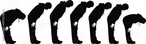 Set of Male Silhouettes in Hoodies Bowing Respectfully in a Row Representing Japanese Culture Polite Greeting Traditional Manners and Respect