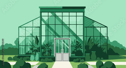Large Glass Greenhouse Structure Building.
