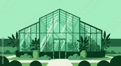 Large Glass Greenhouse Structure Building.