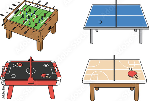 Cartoon tabletop games in colorful vector illustration of foosball, table tennis, air hockey, and basketball themed design