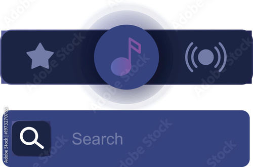 Music app interface showing navigation and search options