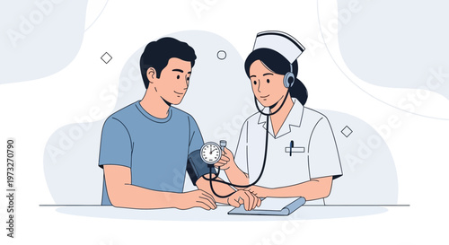 Nurse checking patient's blood pressure with sphygmomanometer, medical checkup illustration
