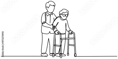 A single continuous line drawing of a caregiver assisting an elderly person with a walking frame