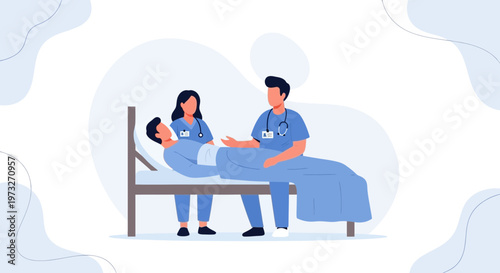 Medical Team Caring for Patient in Hospital Bed, Healthcare Illustration