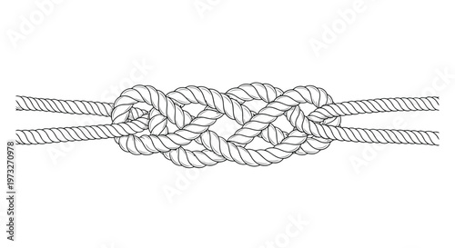 Strong blue nautical cord and red climbing equipment feature a tied knot and barbed wire isolated on white to represent a secure link and strength
