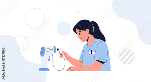 Nurse holding infrared thermometer, checking temperature, medical illustration, healthcare concept