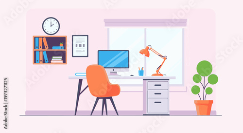 Modern Home Office Setup with Computer and Chair.