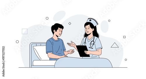 Doctor consulting patient in hospital bed, medical care and healthcare illustration