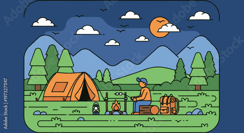 Man Sitting Camping Under Moonlight.