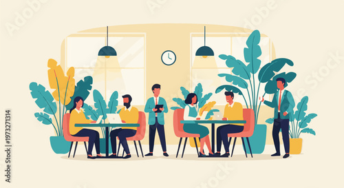 Diverse group of people interacting in a modern cafe setting.