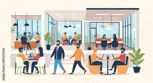 Diverse group of people working and socializing in a modern office space.