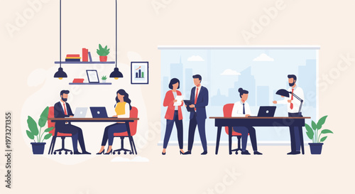 Diverse team collaborating in a modern office environment.