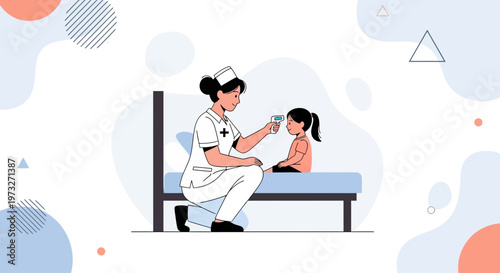 Nurse checks child's temperature with digital thermometer, healthcare concept