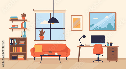 Cozy Home Office and Living Area with Modern Furniture.