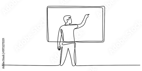 A single continuous line drawing of a male teacher standing and pointing at a large whiteboard