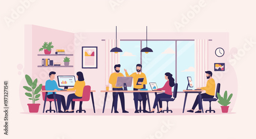 Diverse team collaborating in a modern office environment.