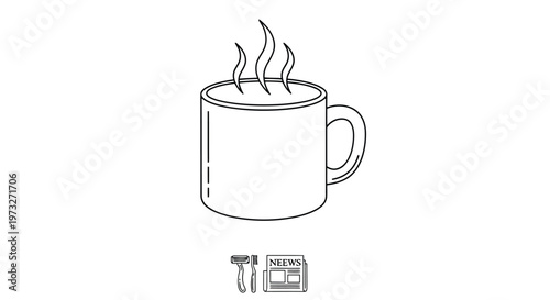 A steaming hot breakfast beverage set featuring a vector illustration of a coffee cup with milk, a black espresso mug, and a tea icon with a brown aroma symbol for cafe logo design