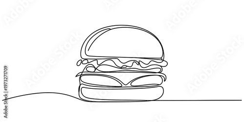 Minimalist continuous line drawing of a delicious beef burger isolated on a plain white background