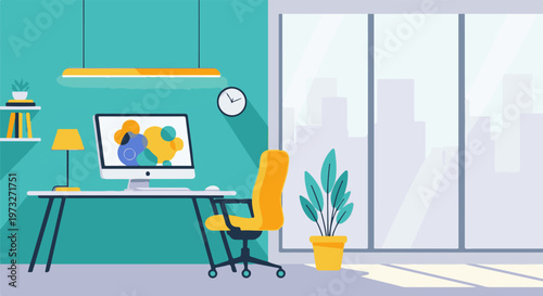 Modern Home Office Setup with Computer and Chair 1.