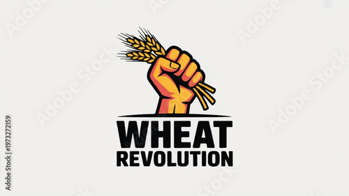 A raised clenched fist holds wheat stalks in a logo design for Wheat Revolution