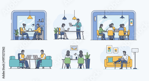 Diverse office and remote work scenarios depicted in modern illustration style.
