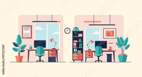 Modern Office Workspaces with Desks and Plants.