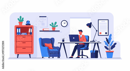 Man working diligently on laptop at home office desk.