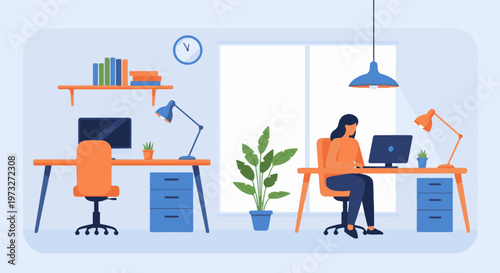 Woman working diligently at her desk in a modern office environment.