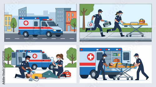 Emergency Medical Services Ambulance and Paramedic Response Illustrations.